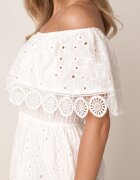 ambitionfly Rochie Albă Ajurată Tip Spaniolă Maxi din Bumbac Decorată cu Dantelă Bimiosa