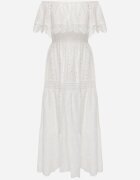 ambitionfly Rochie Albă Ajurată Tip Spaniolă Maxi din Bumbac Decorată cu Dantelă Bimiosa