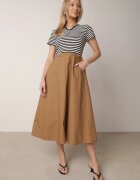 ambitionfly Rochie Cloș Negru-Bej din Bumbac Care imită Bluză în Dungi și Fustă Chathusa