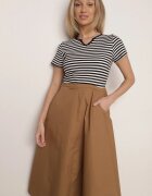 ambitionfly Rochie Cloș Negru-Bej din Bumbac Care imită Bluză în Dungi și Fustă Chathusa