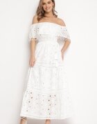 ambitionfly Rochie maxi albă din bumbac stil boho decorată cu broderie ajurată Hellvia