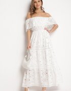 ambitionfly Rochie maxi albă din bumbac stil boho decorată cu broderie ajurată Hellvia