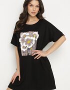 ambitionfly Rochie Neagră tip cutie cu Viscoză și Imprimeu Decorativ Elaniriel