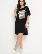 ambitionfly Rochie Neagră tip cutie cu Viscoză și Imprimeu Decorativ Elaniriel