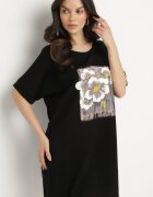 ambitionfly Rochie Neagră tip cutie cu Viscoză și Imprimeu Decorativ Elaniriel