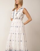 ambitionfly Rochie rustică din bumbac decorată cu broderii și volane Eudarpia Albastră
