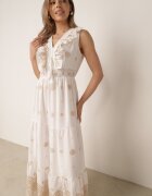 ambitionfly Rochie rustică din bumbac decorată cu broderii și volane Eudarpia Bej