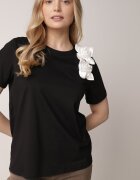 ambitionfly T-shirt Clasic Negru și Alb din Bumbac Decorat cu Aplicație 3D în formă de Flori Noebel