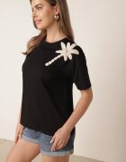 ambitionfly T-shirt din bumbac cu aplicație decorativă din perle și zirconii Haidea Negru