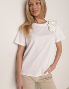 ambitionfly Tricou Clasic Alb din Bumbac Ornat cu Aplicație 3D în Formă de Flori Noebel