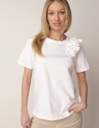 ambitionfly Tricou Clasic Alb din Bumbac Ornat cu Aplicație 3D în Formă de Flori Noebel