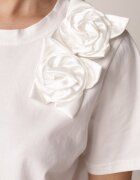 ambitionfly Tricou Clasic Alb din Bumbac Ornat cu Aplicație 3D în Formă de Flori Noebel