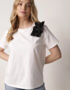 ambitionfly Tricou Clasic Alb-Negru din Bumbac Decorat cu Aplicație 3D în Formă de Flori Noebel