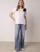 ambitionfly Tricou Clasic Alb-Negru din Bumbac Decorat cu Aplicație 3D în Formă de Flori Noebel