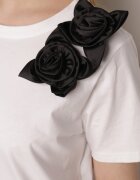 ambitionfly Tricou Clasic Alb-Negru din Bumbac Decorat cu Aplicație 3D în Formă de Flori Noebel
