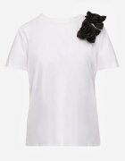 ambitionfly Tricou Clasic Alb-Negru din Bumbac Decorat cu Aplicație 3D în Formă de Flori Noebel