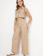 ann gissy Compleu Bej stil cargo Vestă cu guler și Pantaloni largi Zireva