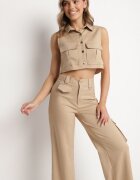 ann gissy Compleu Bej stil cargo Vestă cu guler și Pantaloni largi Zireva