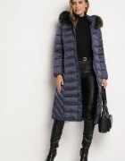 ann gissy Geacă de iarnă matlasată bleumarin lungă cu glugă detașabilă cu blană Mintoria