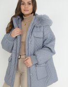 ann gissy Jachetă albastru deschis cu glugă cu blană și matlasare fină Esdrage