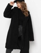 ann gissy Palton Negru Oversize cu Blană de Pluș cu Căciulă Arrumi