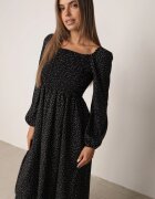 ann gissy Rochie Neagră Midi Evazată cu Decolteu Spaniol cu buline Wirina