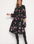 ann gissy Rochie Negru-Roz Evazată Midi cu Mâneci Liliac cu Imprimeu Floral Gervia