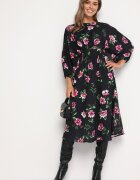 ann gissy Rochie Negru-Roz Evazată Midi cu Mâneci Liliac cu Imprimeu Floral Gervia