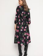 ann gissy Rochie Negru-Roz Evazată Midi cu Mâneci Liliac cu Imprimeu Floral Gervia