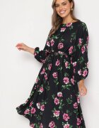 ann gissy Rochie Negru-Roz Evazată Midi cu Mâneci Liliac cu Imprimeu Floral Gervia