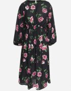 ann gissy Rochie Negru-Roz Evazată Midi cu Mâneci Liliac cu Imprimeu Floral Gervia
