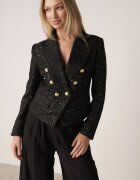 ann gissy Sacou Negru Dublu Rând Cambrat în Stil Tweed cu Imitație de Buzunare Liolia