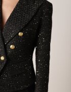 ann gissy Sacou Negru Dublu Rând Cambrat în Stil Tweed cu Imitație de Buzunare Liolia