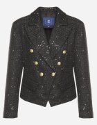 ann gissy Sacou Negru Dublu Rând Cambrat în Stil Tweed cu Imitație de Buzunare Liolia
