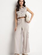 ann gissy Set Bej deschis Stil cargo Vestă cu guler și Pantaloni largi Zireva