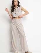 ann gissy Set Bej deschis Stil cargo Vestă cu guler și Pantaloni largi Zireva