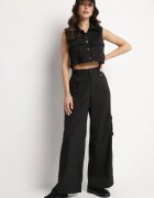 ann gissy Set Negru Stil Cargo Vestă cu Guler și Pantaloni Largi Zireva