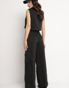 ann gissy Set Negru Stil Cargo Vestă cu Guler și Pantaloni Largi Zireva