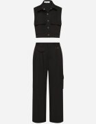 ann gissy Set Negru Stil Cargo Vestă cu Guler și Pantaloni Largi Zireva