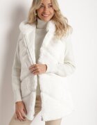 ann gissy Vestă Albă din Blană cu Glugă și Inserții Decorative din Imitație de Piele Tilitha
