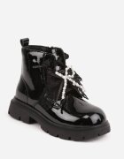 apawwa Botine lăcuite cu talpă profilată și fundiță decorativă detașabilă Raimara Negre
