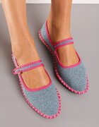  Balerini Albastru-Fuchsia cu Baretă cu Cataramă și Cusături la Talpă Rosajune