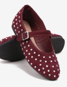  Baletini Bordo din Imitație de Velur cu Curelușă și Cataramă Decorați cu Zirconii Daibelle