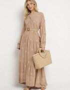 belcci Rochie Bej Evazată cu Corsaj Tip Cămașă cu Model Etnic Ronitta