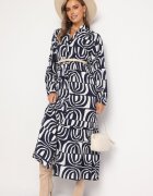 belcci Rochie Bleumarin-Albă Lungă Cloș cu Imprimeu Geometrie cu Croi Tip Cămașă Verdana