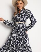 belcci Rochie Bleumarin-Albă Lungă Cloș cu Imprimeu Geometrie cu Croi Tip Cămașă Verdana