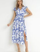 belcci Rochie Bleumarin-Albă Tip plic Maxi cu flori cu volan și legătură Xahna