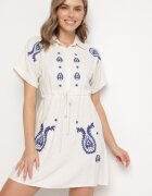 belcci Rochie Cămașă Albastru-Bej din bumbac cu broderii și șnur în talie Ronea