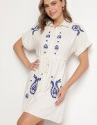 belcci Rochie Cămașă Albastru-Bej din bumbac cu broderii și șnur în talie Ronea