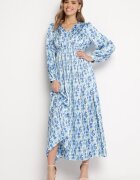 belcci Rochie Satinată Maxi Albastră-Albă Decorată cu Model Paisley cu Elastic în Talie Wirlena